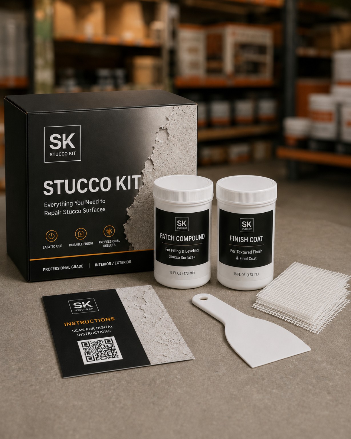 StuccoKit box with patch compound, finish coat, three pre-cut mesh squares, one putty knife, and QR instruction card