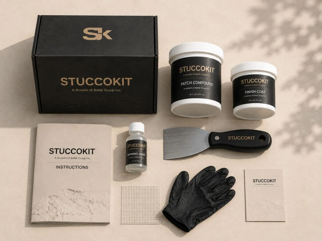 Complete StuccoKit contents arranged on a table