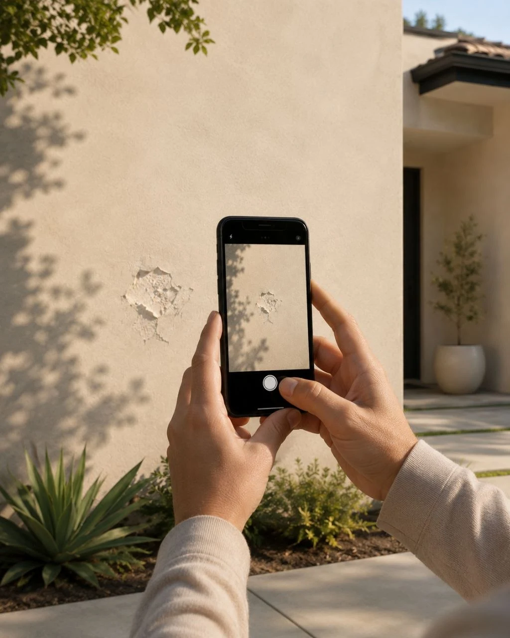 Homeowner photographing a stucco touch-up area