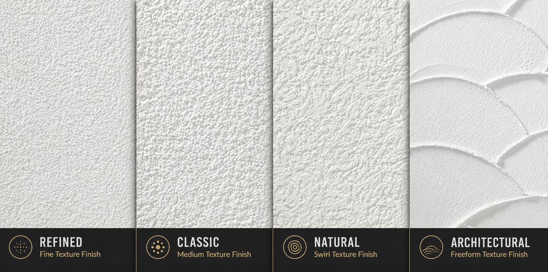 StuccoKit finish guide showing Refined fine texture, Classic medium texture, Natural swirl texture, and Architectural freeform texture